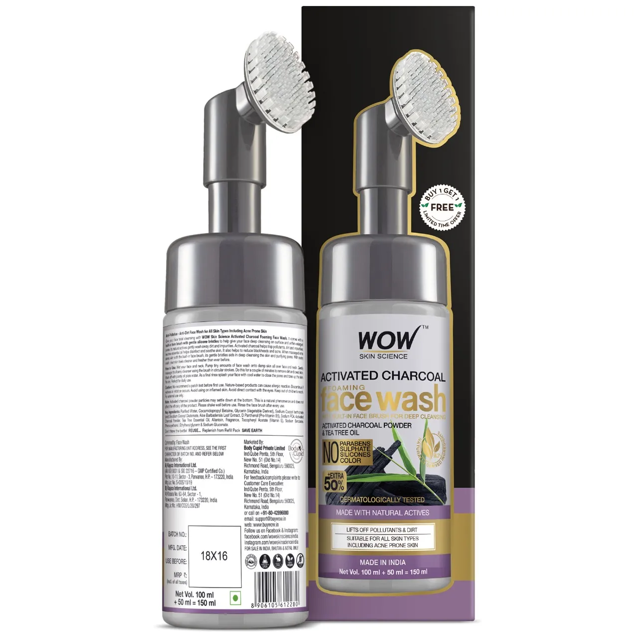 WOW Skin Science Charcoal Foaming Face Wash With Built-in Face Brush Extra 50%(150ml)