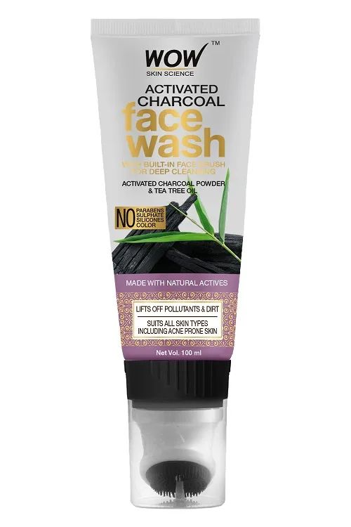 Wow Skin Science Activated Charcoal Face Wash Gel Tube With Built in Face Brush(100gm)