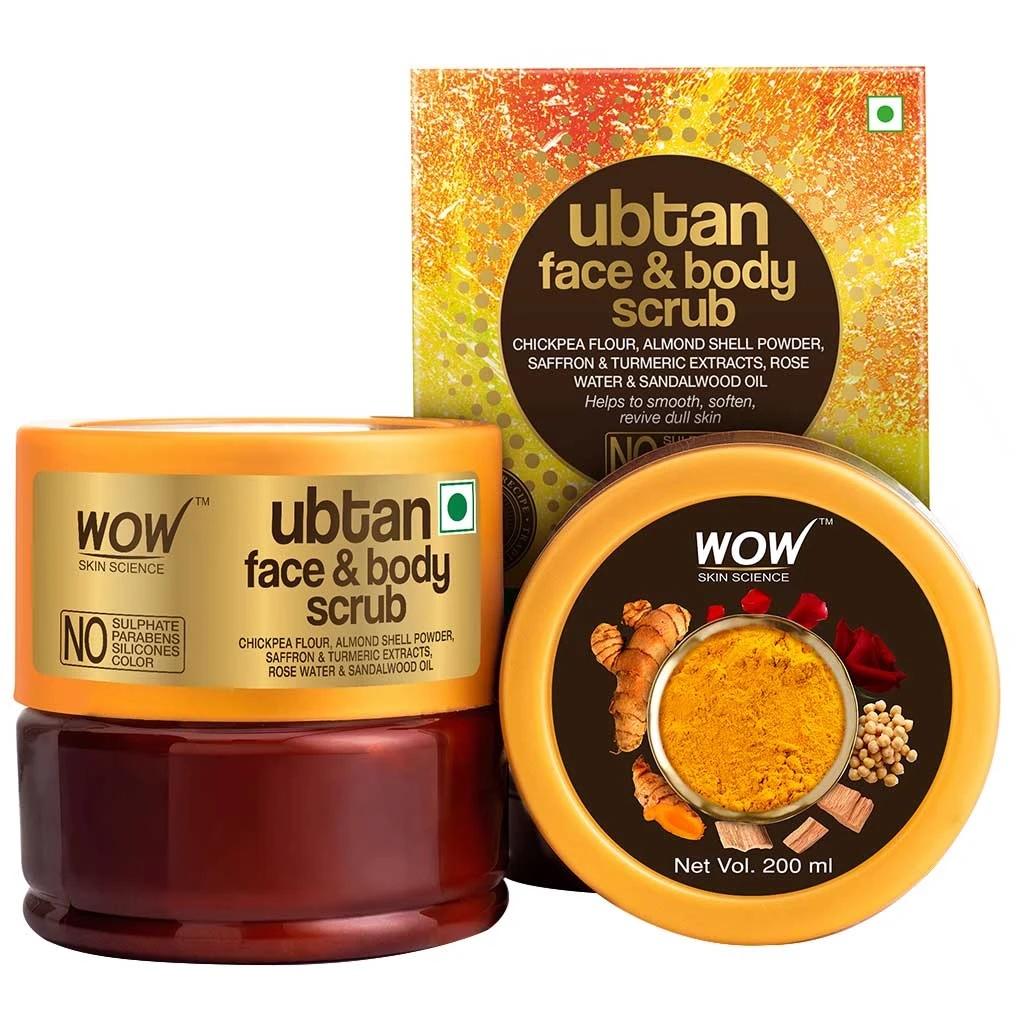 WOW Skin Science Ubtan Face & Body Scrub With Chickpea Flour, Almond Shell Powder, Saffron & Turmeric Extracts, Rose Water & Sandalwood Oil – 200 ml